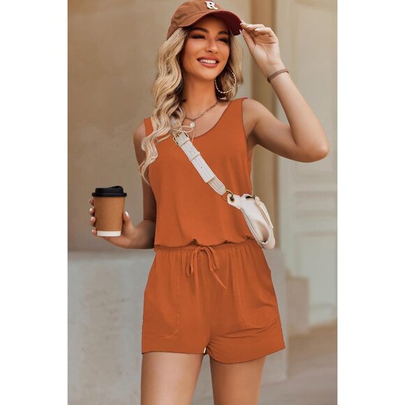 🆕 Women Orange Summer Solid Jumpsuit Loose Sleeveless Short Soft Romper Pocket - Picture 4 of 6